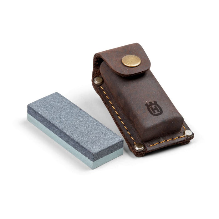 Husqvarna Axe Grinding Stone & Sharpener, Dual-Grit Silicon Carbide, Leather Case